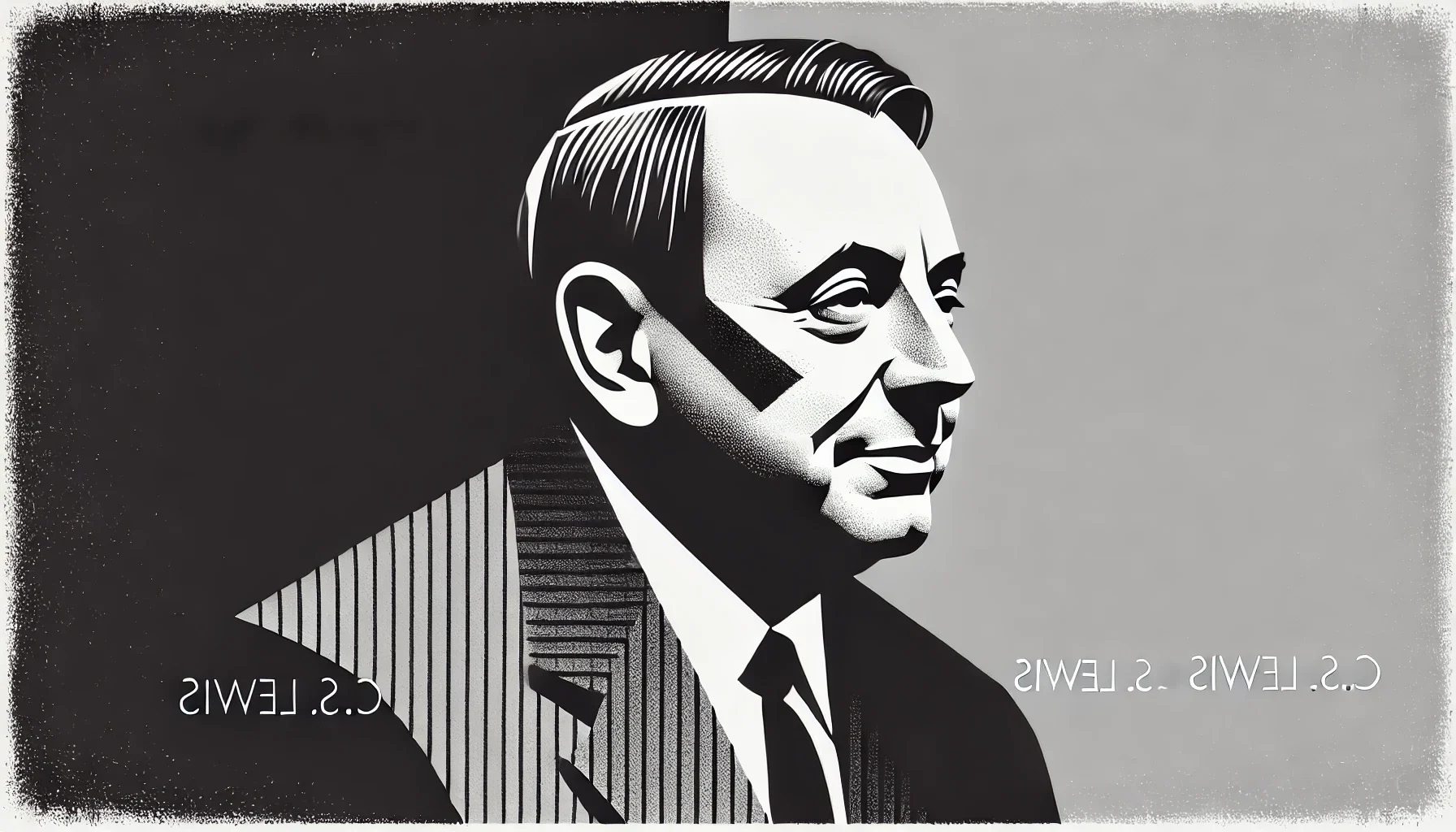simplified, flat, 2D greyscale sketch of C.S. Lewis, the British author and theologian, with high contrast and eye-catching details while retai