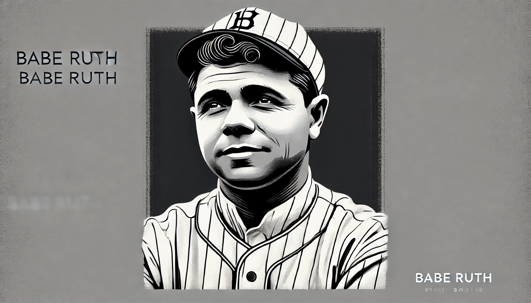 simplified, flat, 2D greyscale sketch of Babe Ruth, the legendary baseball player, with high contrast and eye-catching details while retaining