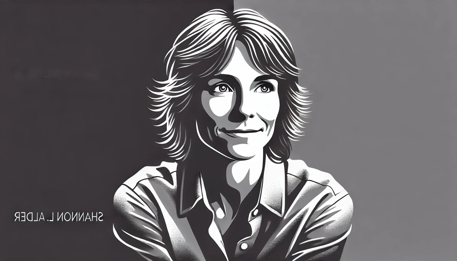 simplified, flat, 2D greyscale sketch of Shannon L. Alder, the inspirational author, with high contrast and eye-catching details