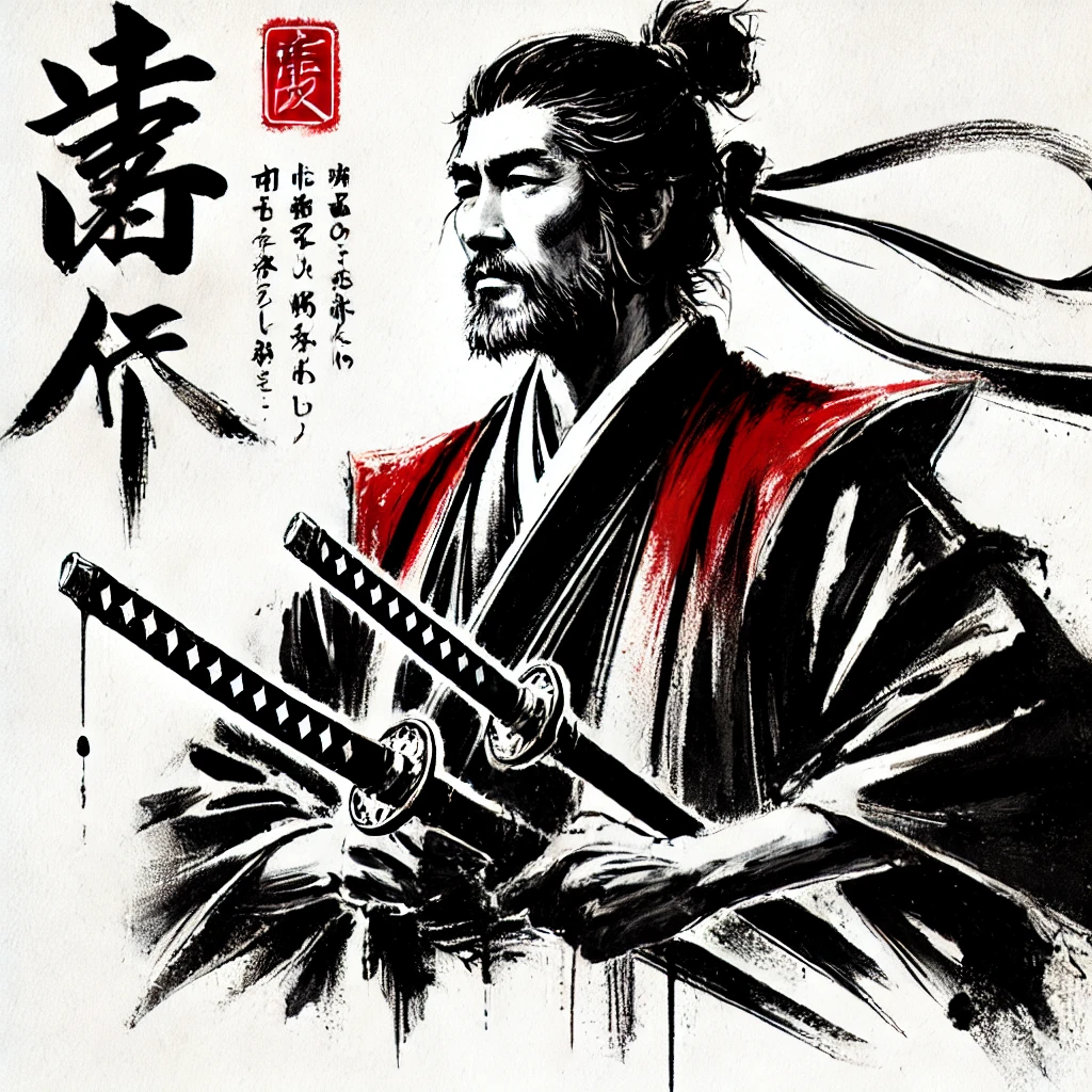 hand-painted style 2D portrait of Miyamoto Musashi in black, white, and red. Musashi is depicted as a stoic samurai with two swords, standing in a t