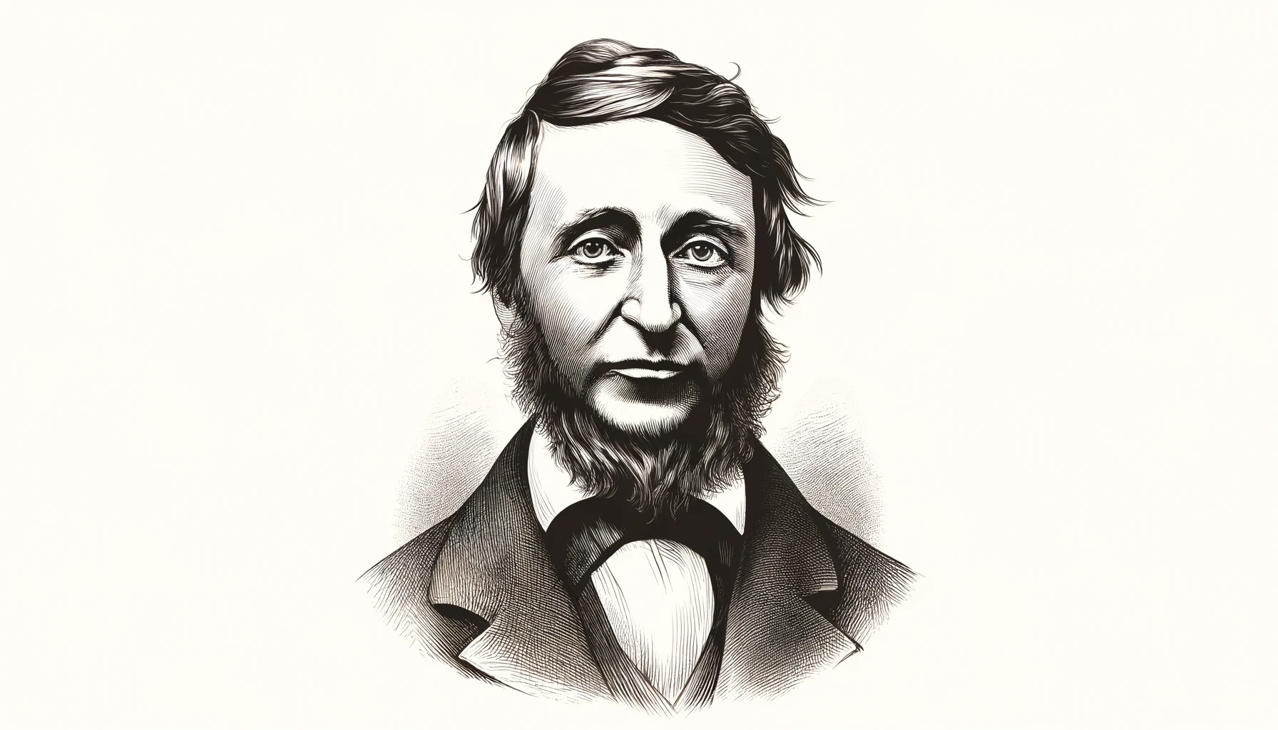 very simple, high-contrast greyscale sketch of Henry David Thoreau in an aged pen-and-ink style. The portrait is minimal, using clean, deliberate li